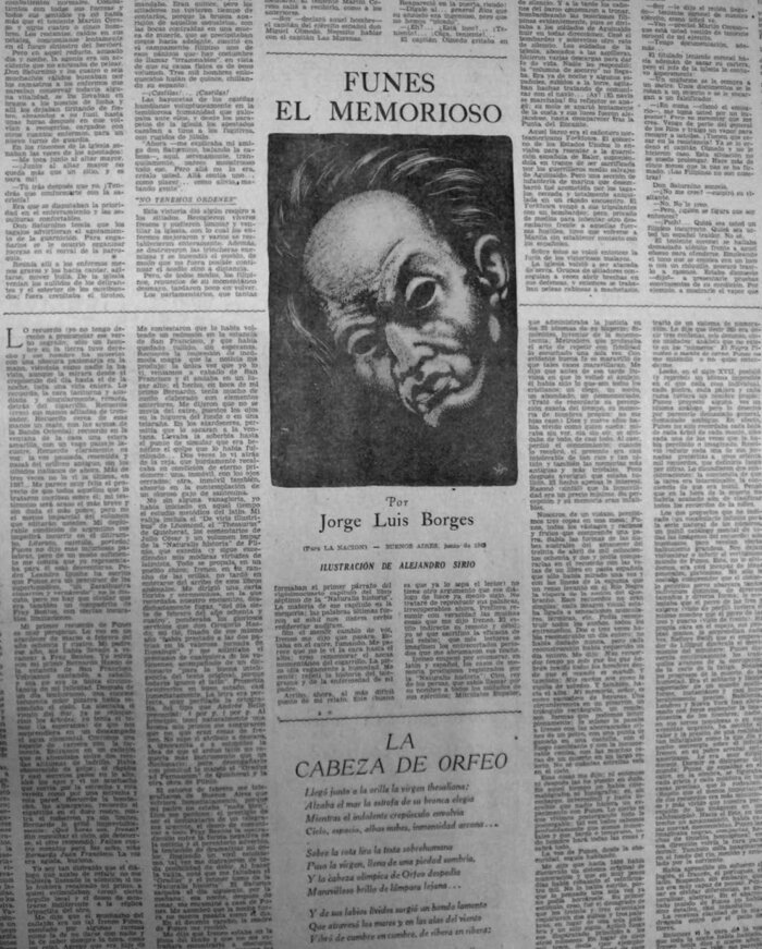 Page three of the Arts and Letters section of La Nación on June 7, 1942, where “Funes the Memorious” was first published.