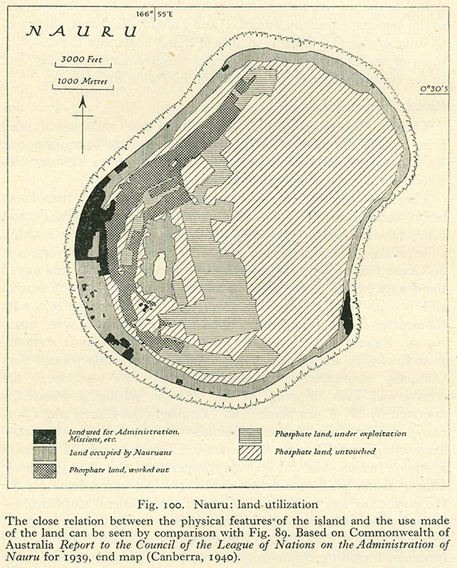 A 1940 map of Nauru showing the extend of the phosphate mined lands.