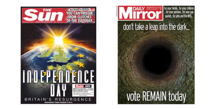 Brexit referendum. Front pages of The Sun and the Daily Mirror.